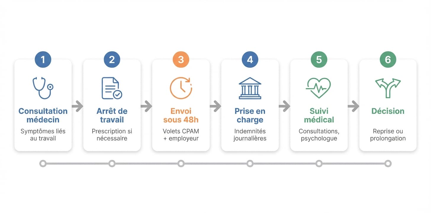 Schéma du parcours administratif de l'arrêt maladie pour harcèlement moral : médecin traitant, médecin du travail, démarches et protection