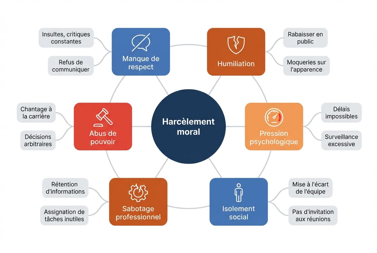 Diagramme des 6 formes de harcèlement moral au travail : isolement, humiliation, sabotage, pression, intimidation, abus de pouvoir
